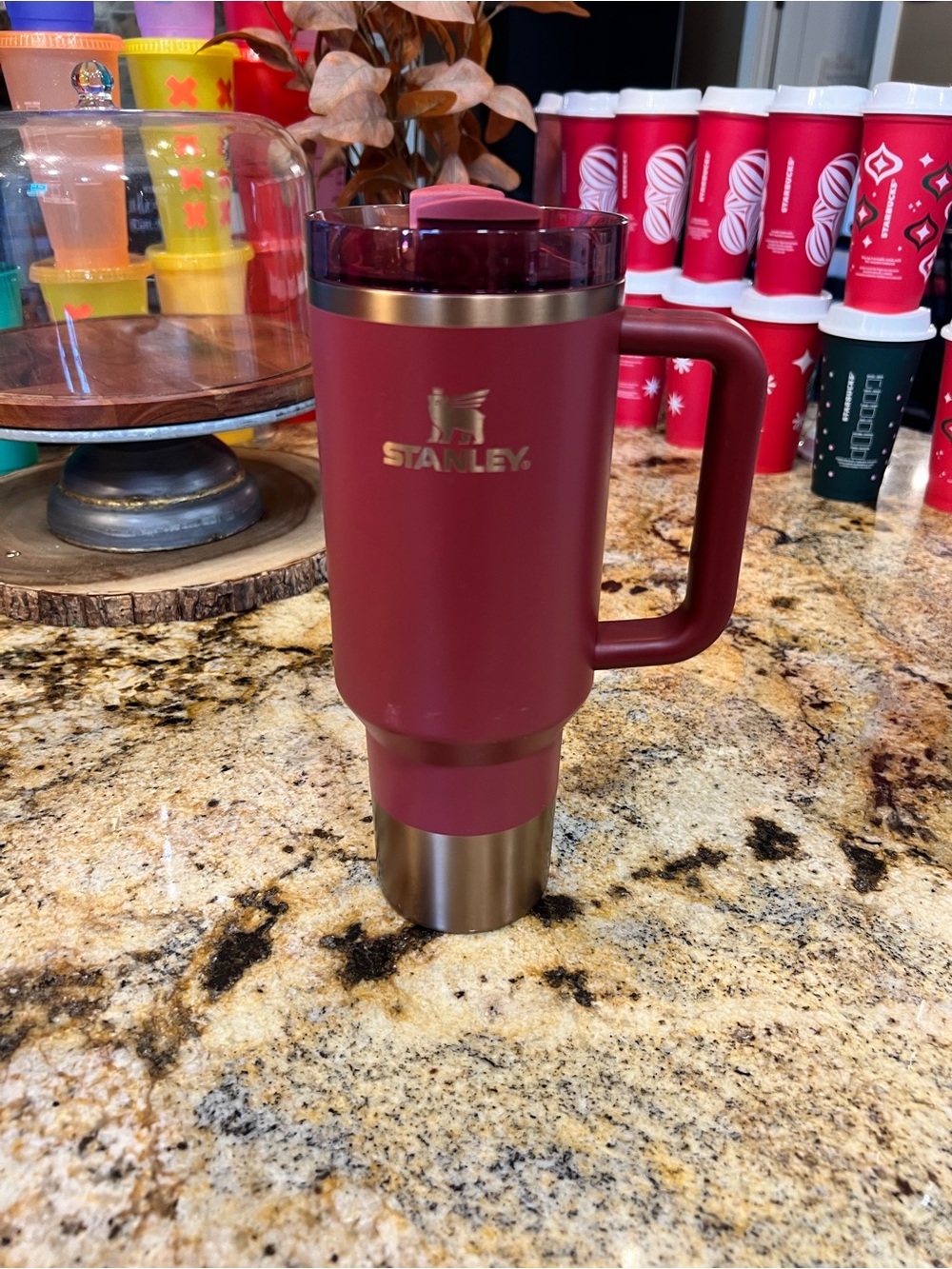 Stanley Maroon and Stainless Steel Insulated Travel Mug with Handle